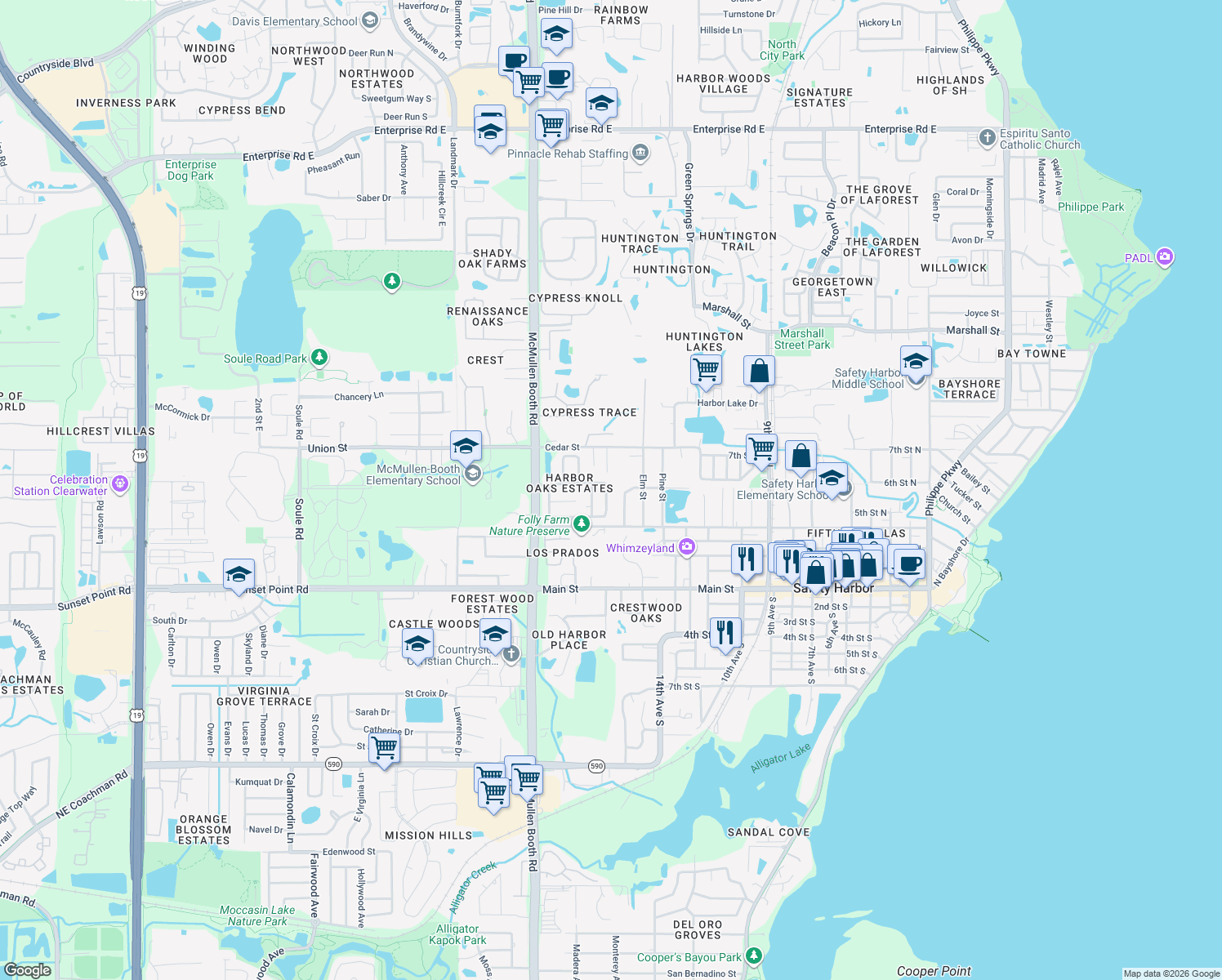 map of restaurants, bars, coffee shops, grocery stores, and more near 34 Harbor Oaks Circle in Safety Harbor