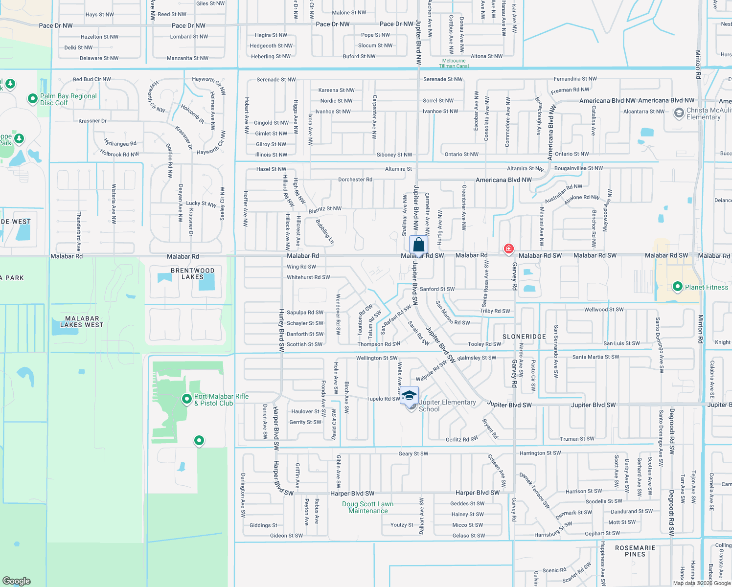 map of restaurants, bars, coffee shops, grocery stores, and more near 1007 Wing Road Southwest in Palm Bay