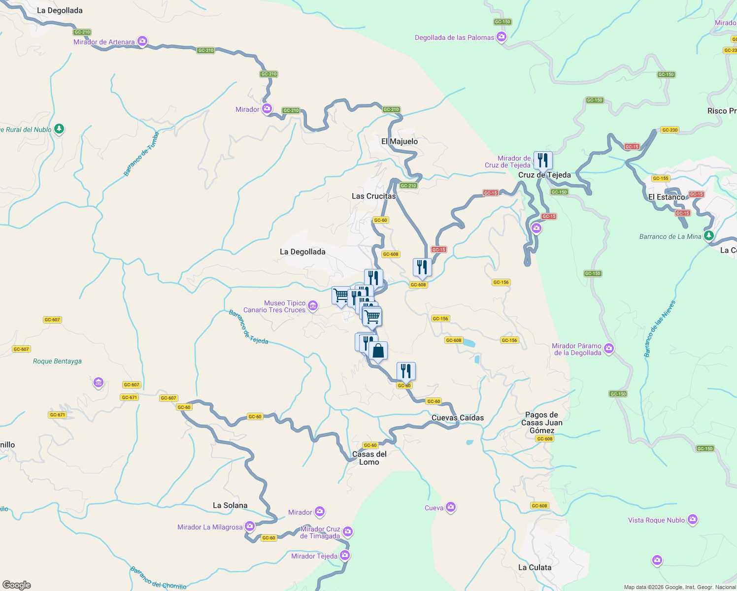 map of restaurants, bars, coffee shops, grocery stores, and more near 8 Calle Párroco Rodríguez Vega in Tejeda