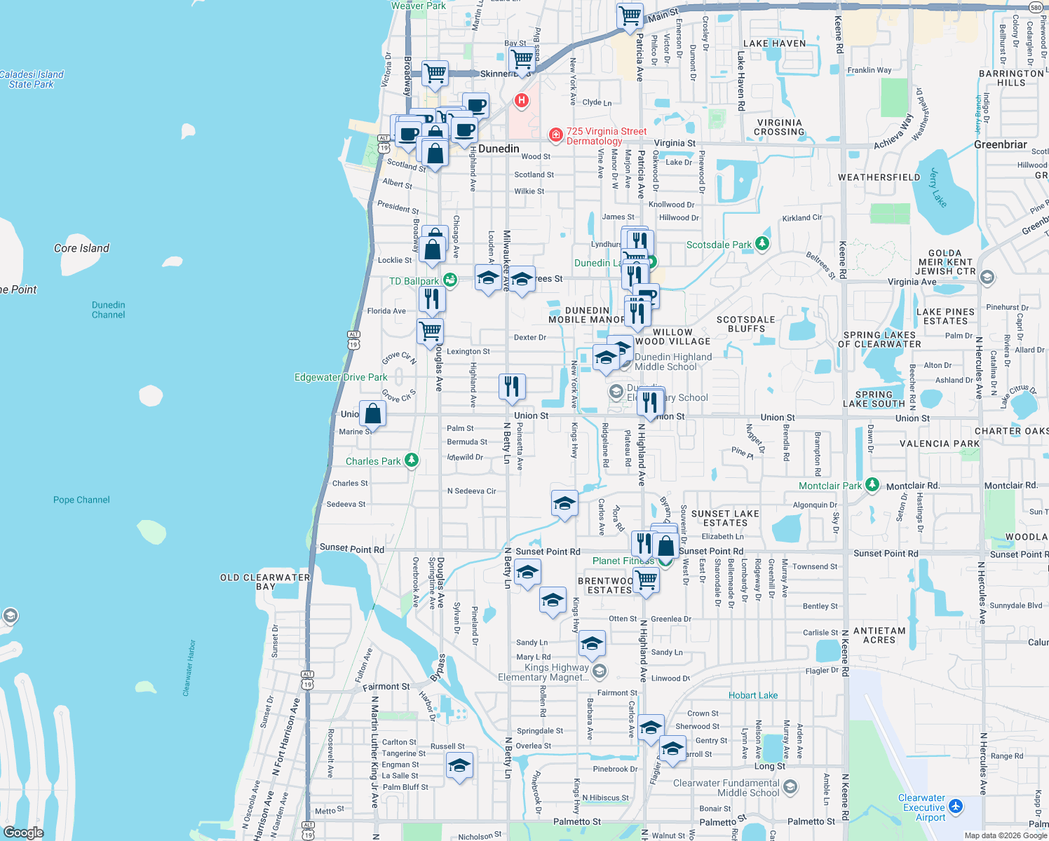 map of restaurants, bars, coffee shops, grocery stores, and more near 654 Union Street in Dunedin