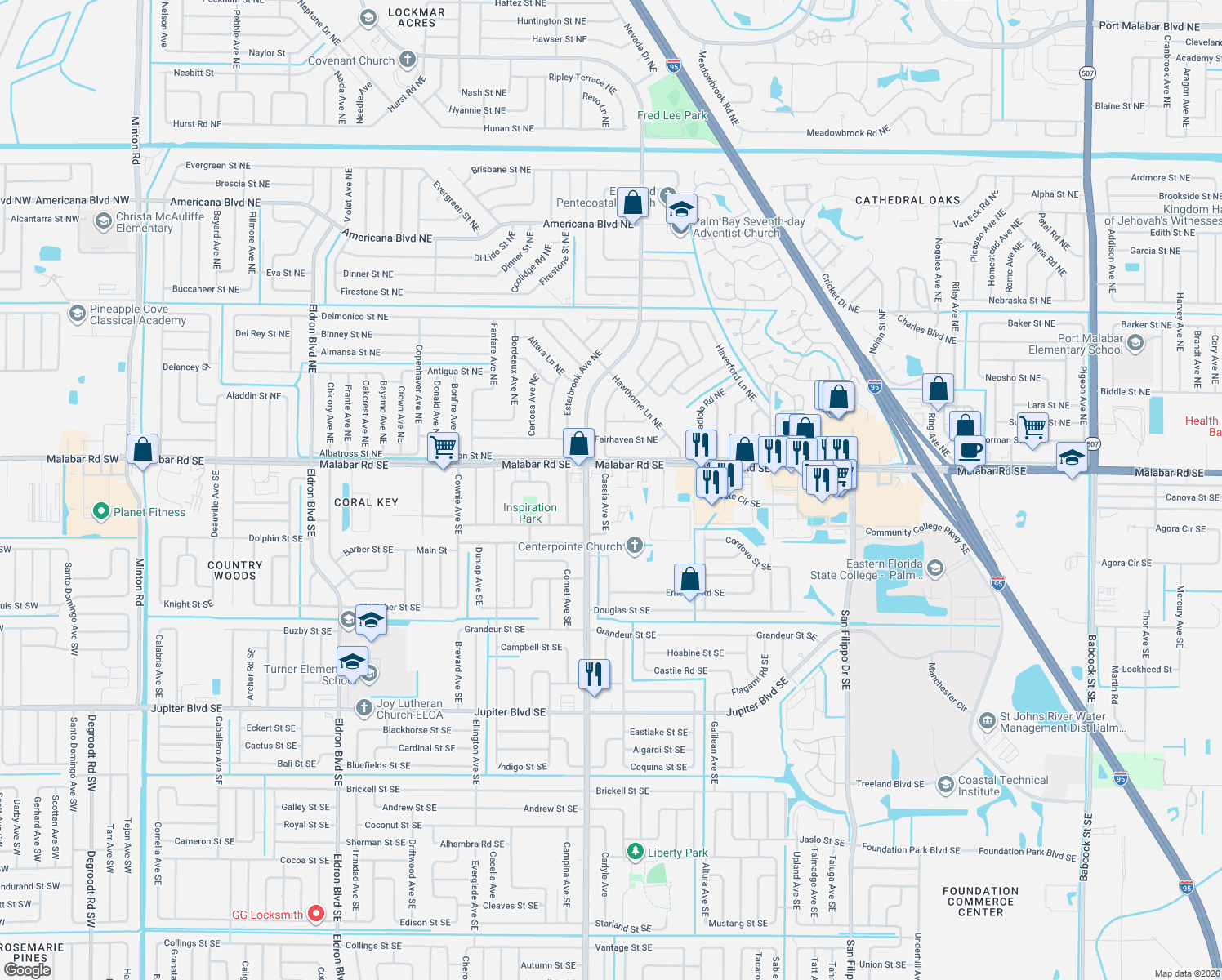 map of restaurants, bars, coffee shops, grocery stores, and more near 133 Cassia Avenue Southeast in Palm Bay