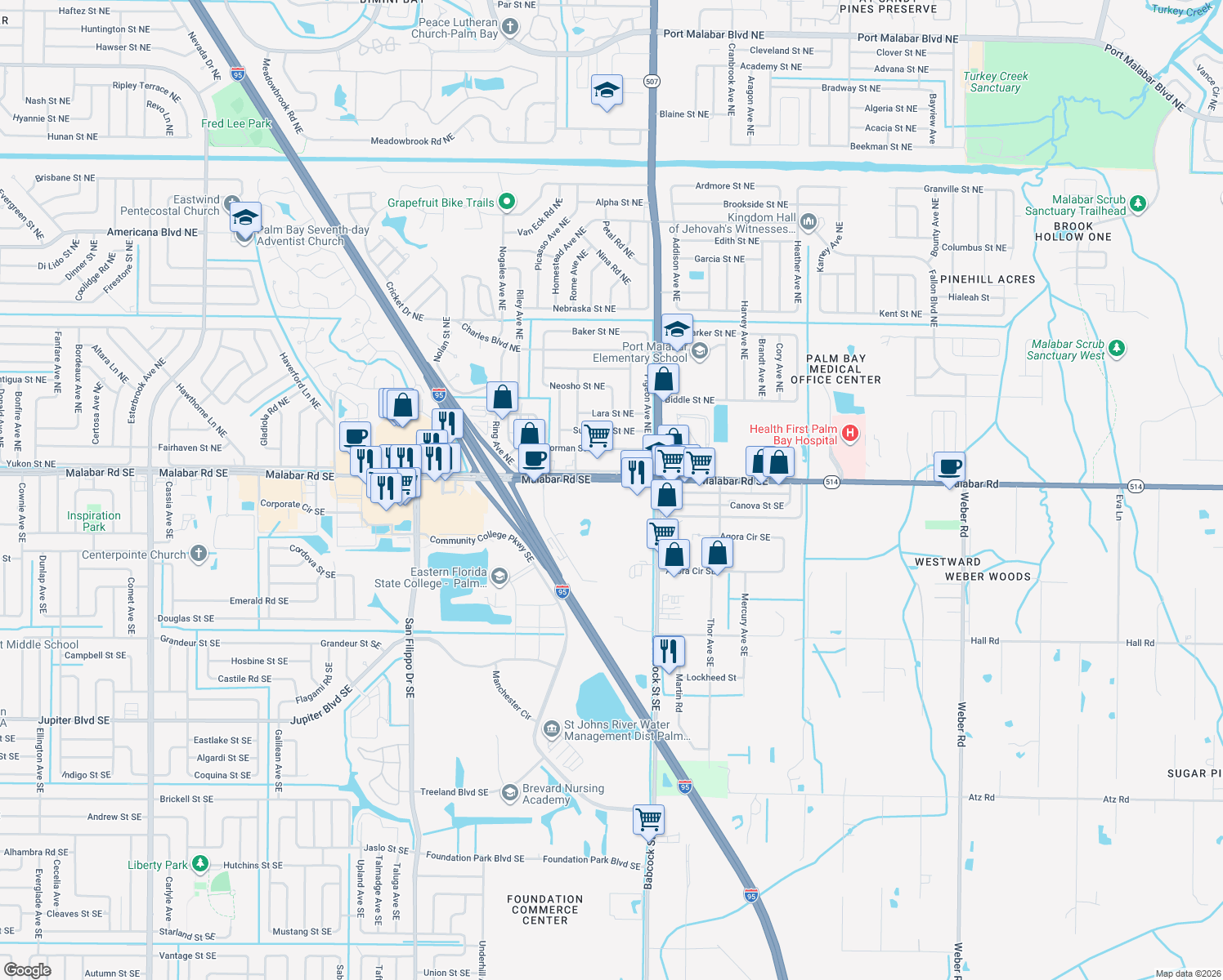 map of restaurants, bars, coffee shops, grocery stores, and more near 1260 Malabar Road Southeast in Palm Bay