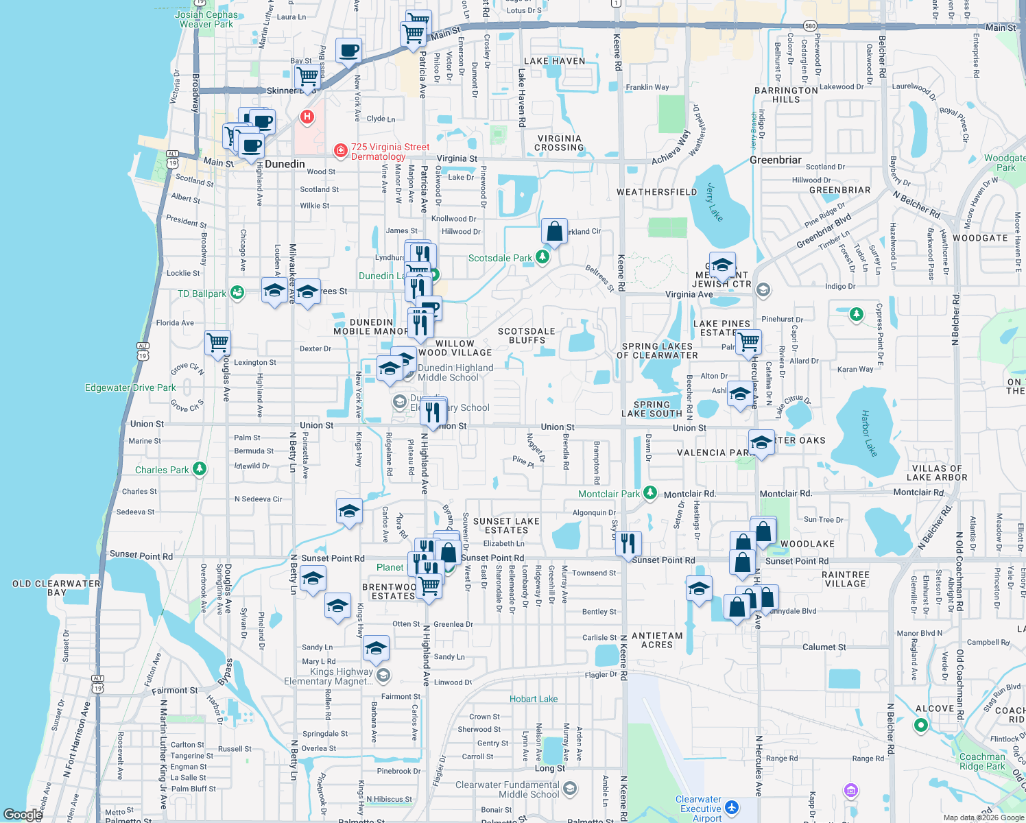 map of restaurants, bars, coffee shops, grocery stores, and more near 1018 Osprey Court in Dunedin