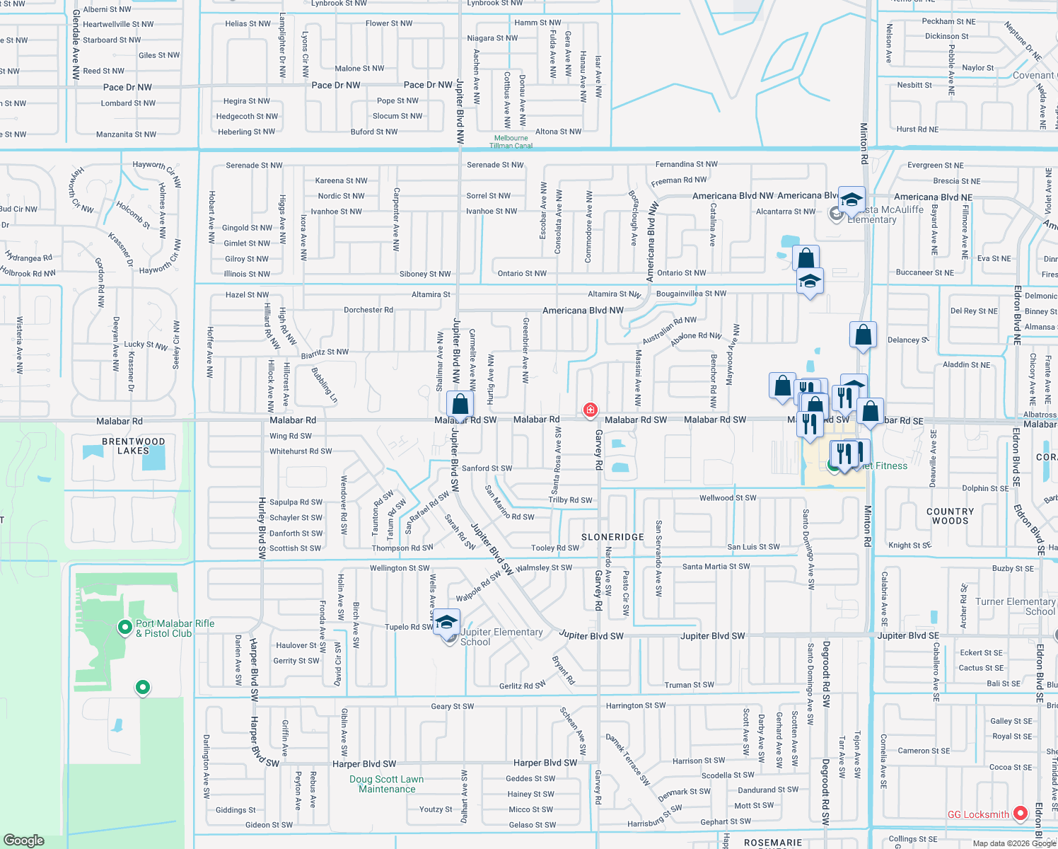 map of restaurants, bars, coffee shops, grocery stores, and more near 762 Malabar Road in Palm Bay