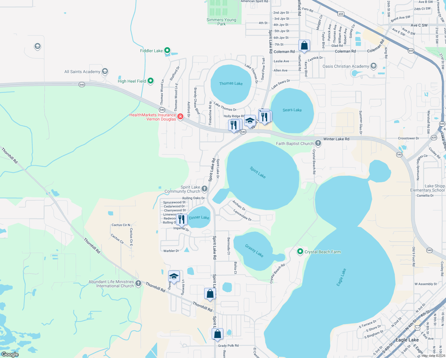 map of restaurants, bars, coffee shops, grocery stores, and more near 3030 Spirit Lake Drive in Winter Haven