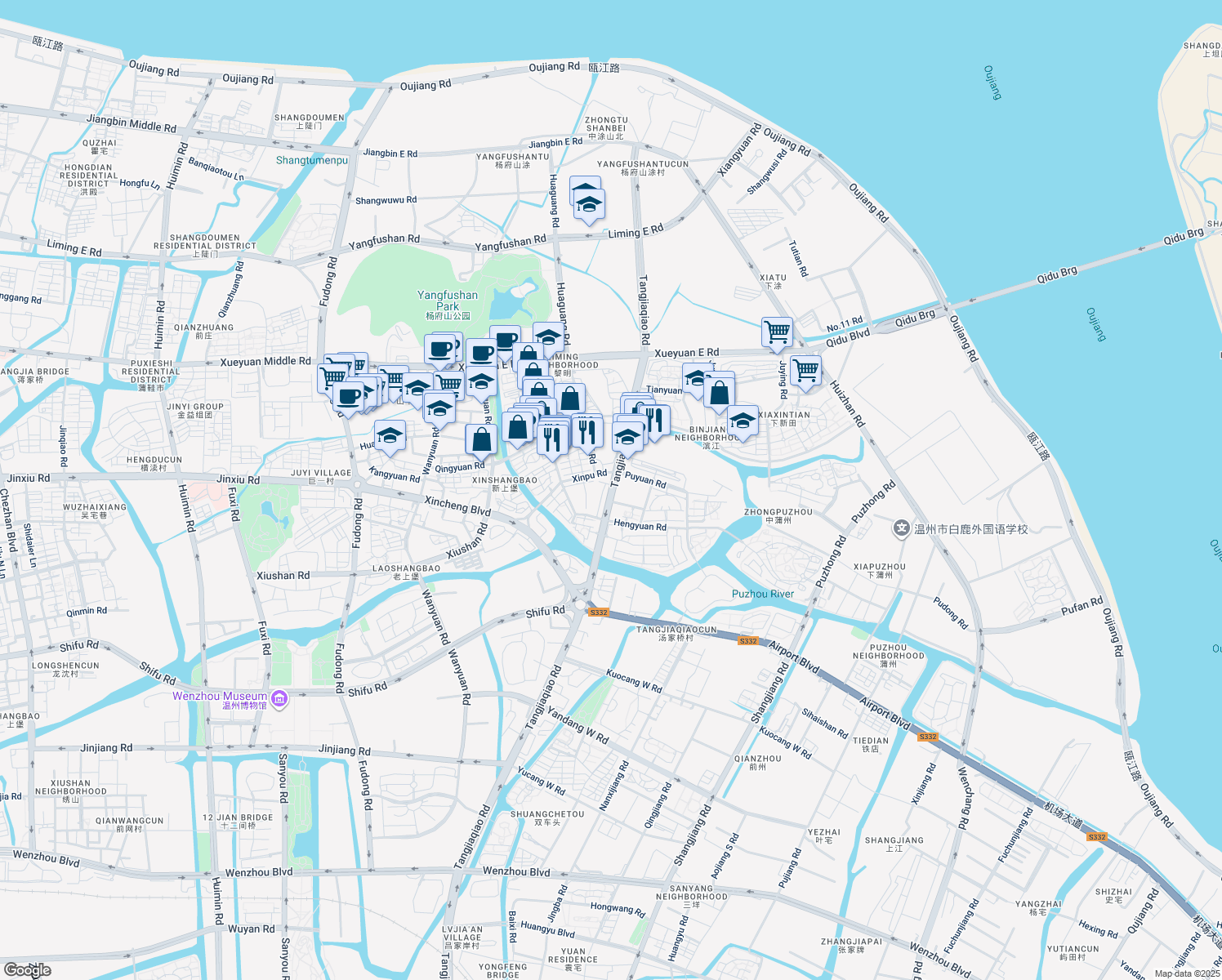 map of restaurants, bars, coffee shops, grocery stores, and more near Tang Jia Qiao Lu in Wen Zhou Shi