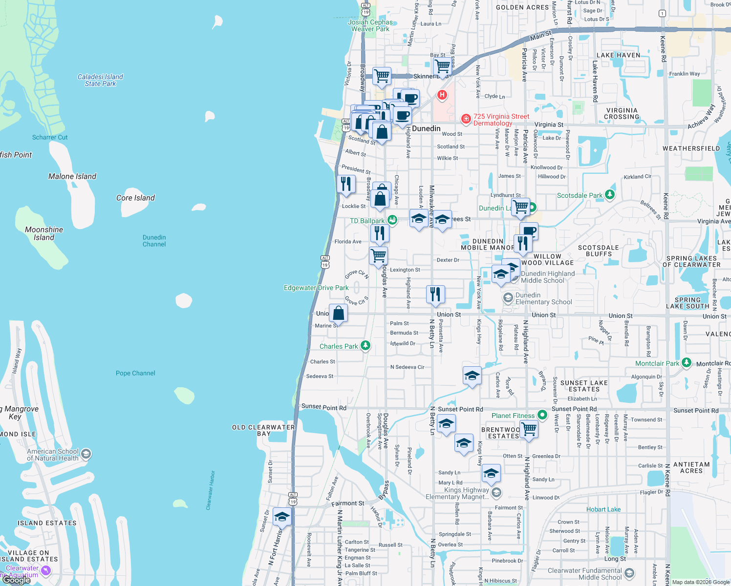 map of restaurants, bars, coffee shops, grocery stores, and more near 54 Broadway in Dunedin