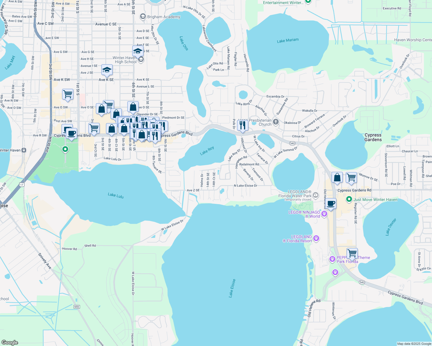 map of restaurants, bars, coffee shops, grocery stores, and more near 2508 14th Court Southeast in Winter Haven