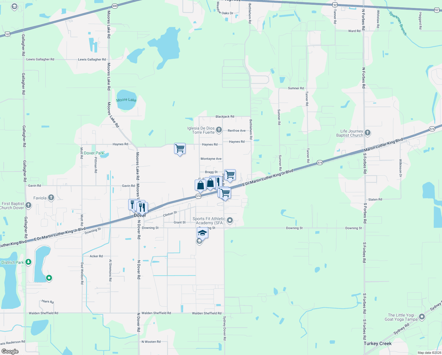 map of restaurants, bars, coffee shops, grocery stores, and more near 14654 Franklin Avenue in Dover