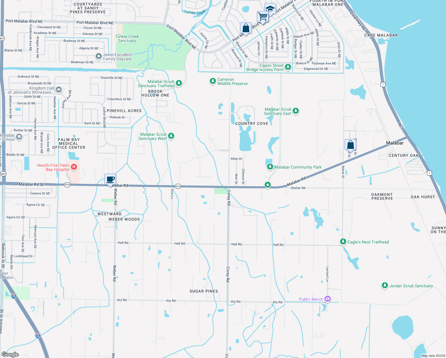 map of restaurants, bars, coffee shops, grocery stores, and more near 1620 Corey Road in Malabar