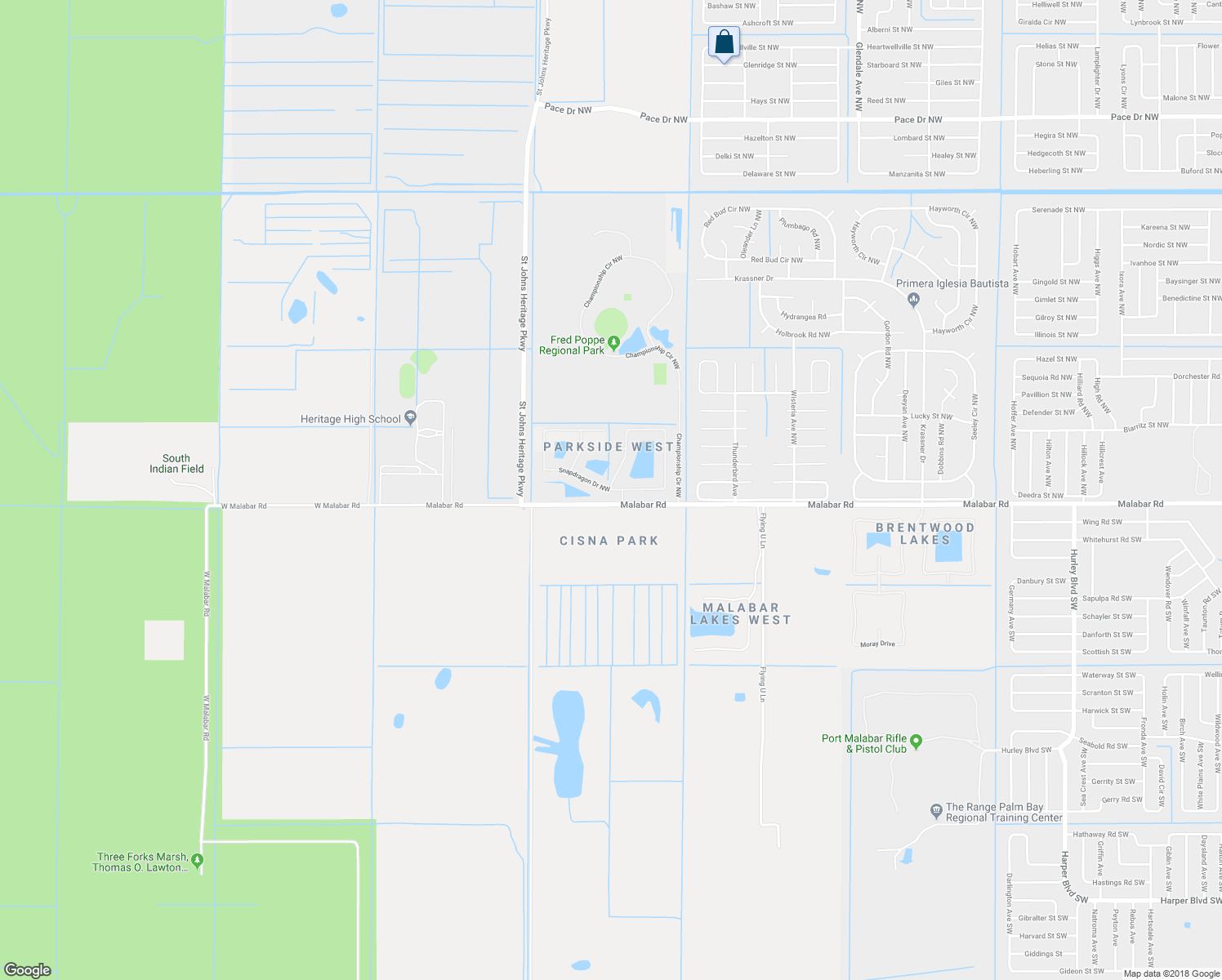 map of restaurants, bars, coffee shops, grocery stores, and more near 2490 Snapdragon Drive Northwest in Palm Bay