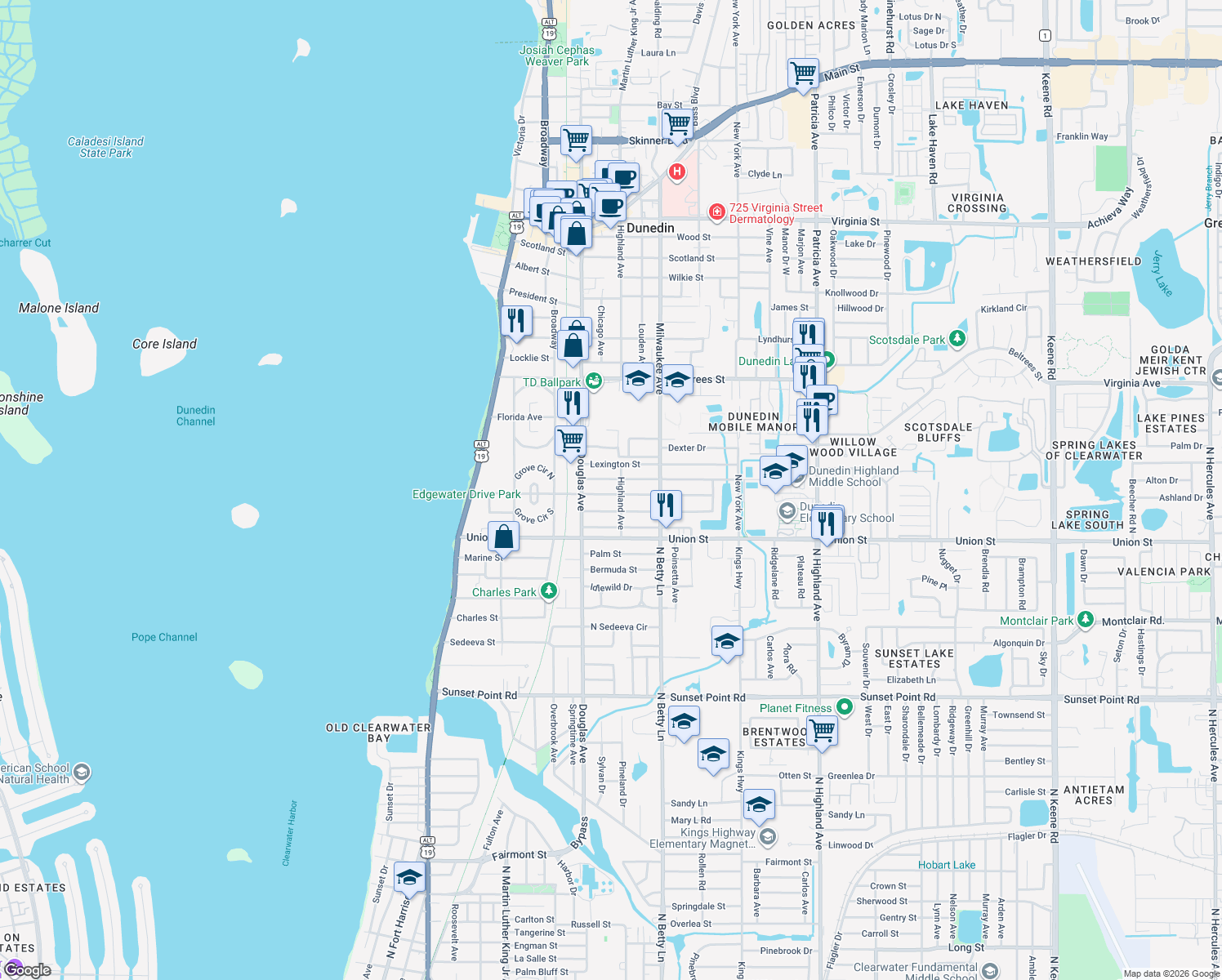 map of restaurants, bars, coffee shops, grocery stores, and more near 448 Orangewood Drive in Dunedin