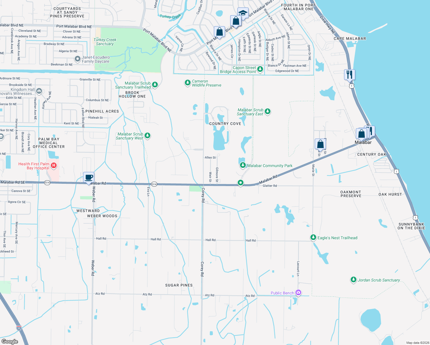 map of restaurants, bars, coffee shops, grocery stores, and more near 1620 Gilmore Street in Malabar