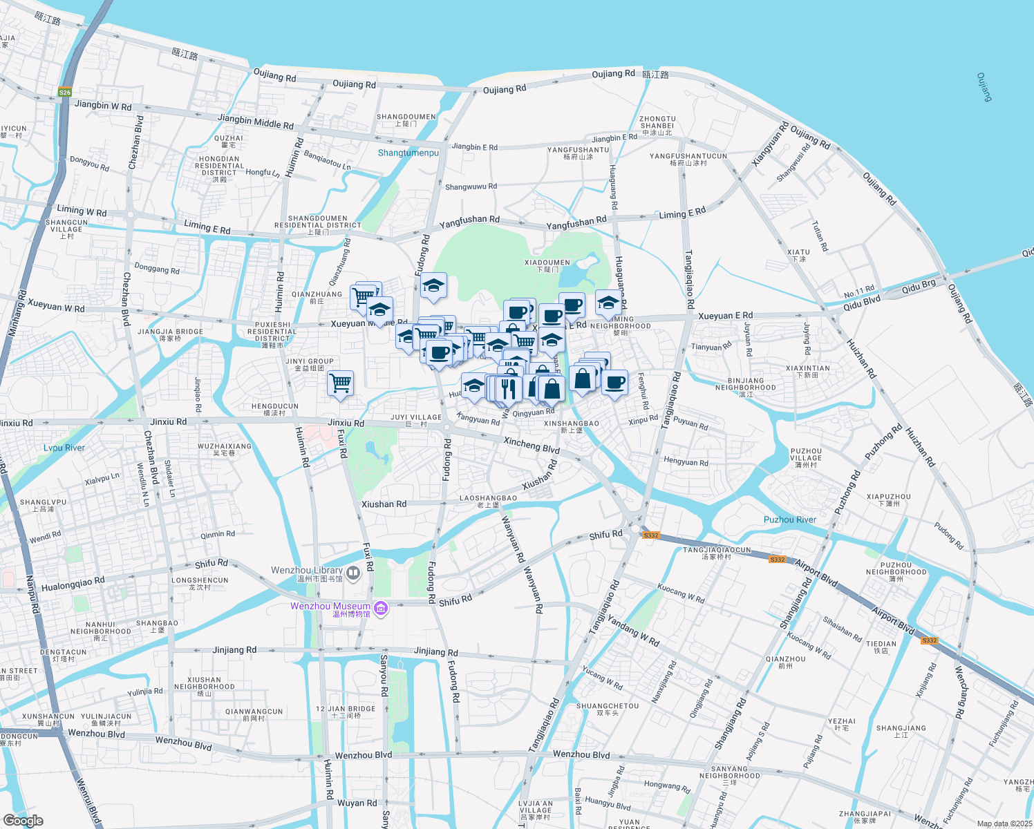 map of restaurants, bars, coffee shops, grocery stores, and more near Qing Yuan Lu in Wen Zhou Shi