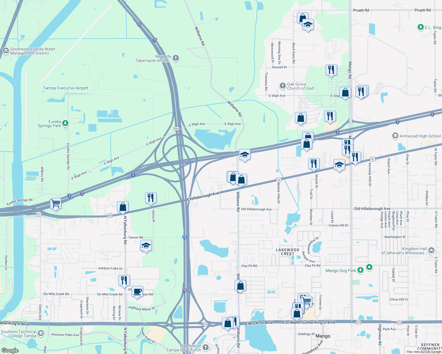 map of restaurants, bars, coffee shops, grocery stores, and more near 10801 Armitage Drive in Seffner