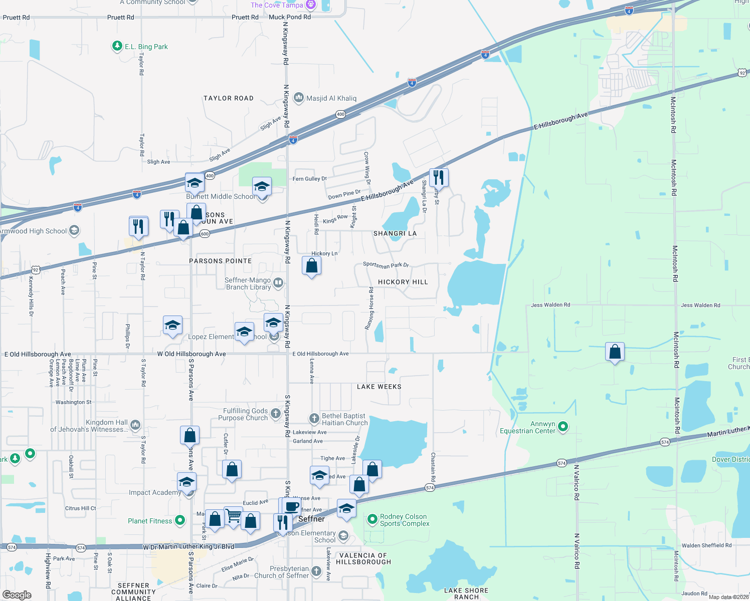 map of restaurants, bars, coffee shops, grocery stores, and more near 305 Running Horse Road in Seffner