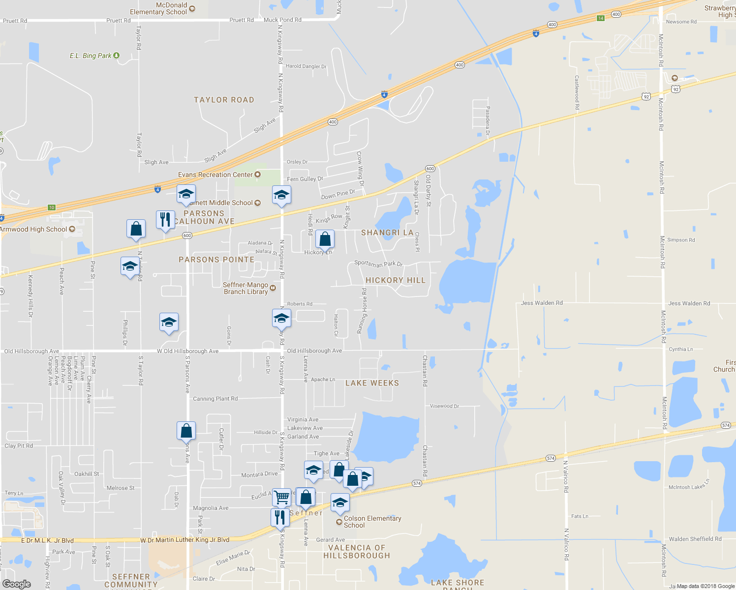 map of restaurants, bars, coffee shops, grocery stores, and more near 401 Running Horse Road in Seffner