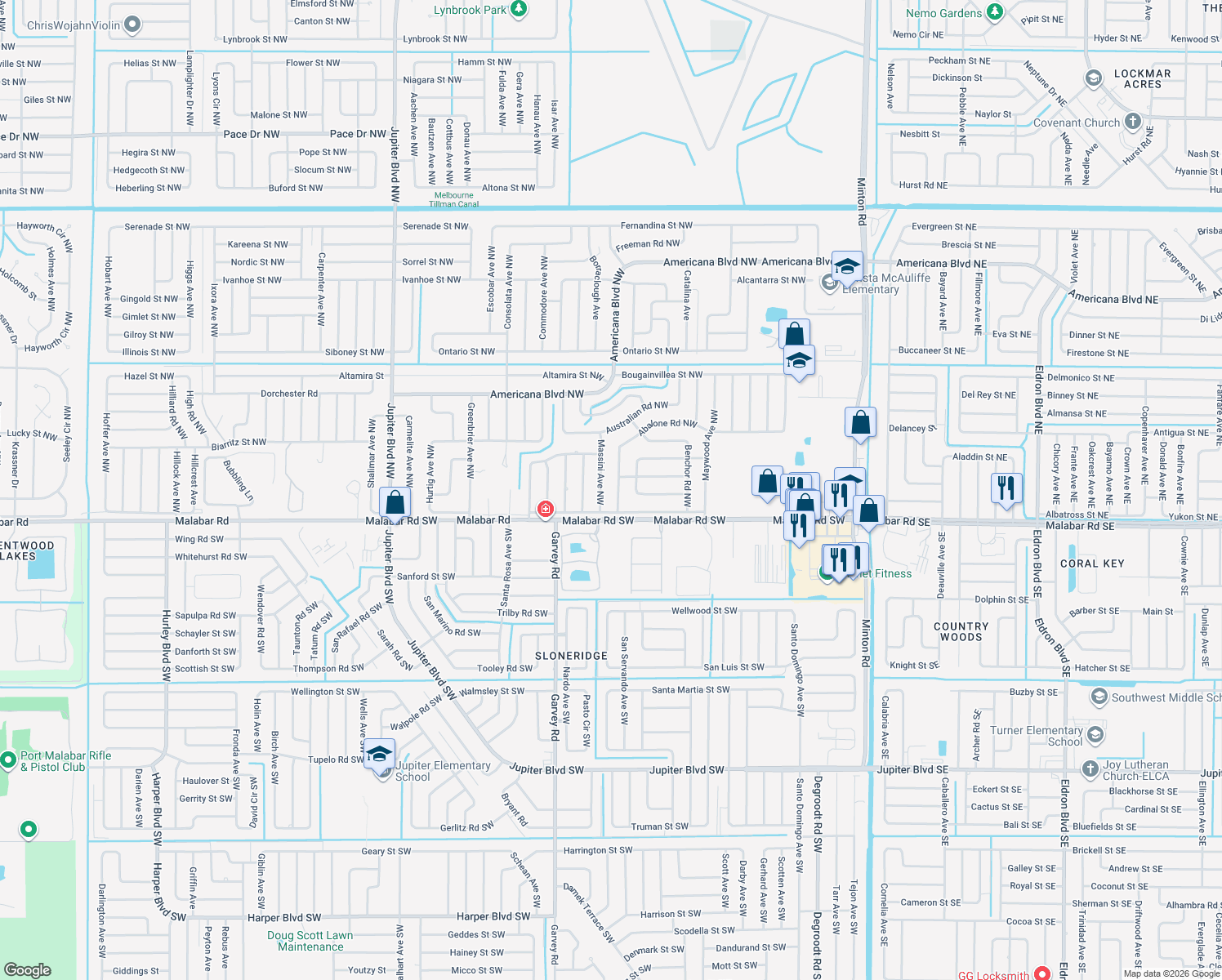 map of restaurants, bars, coffee shops, grocery stores, and more near 112 Abalone Road Northwest in Palm Bay