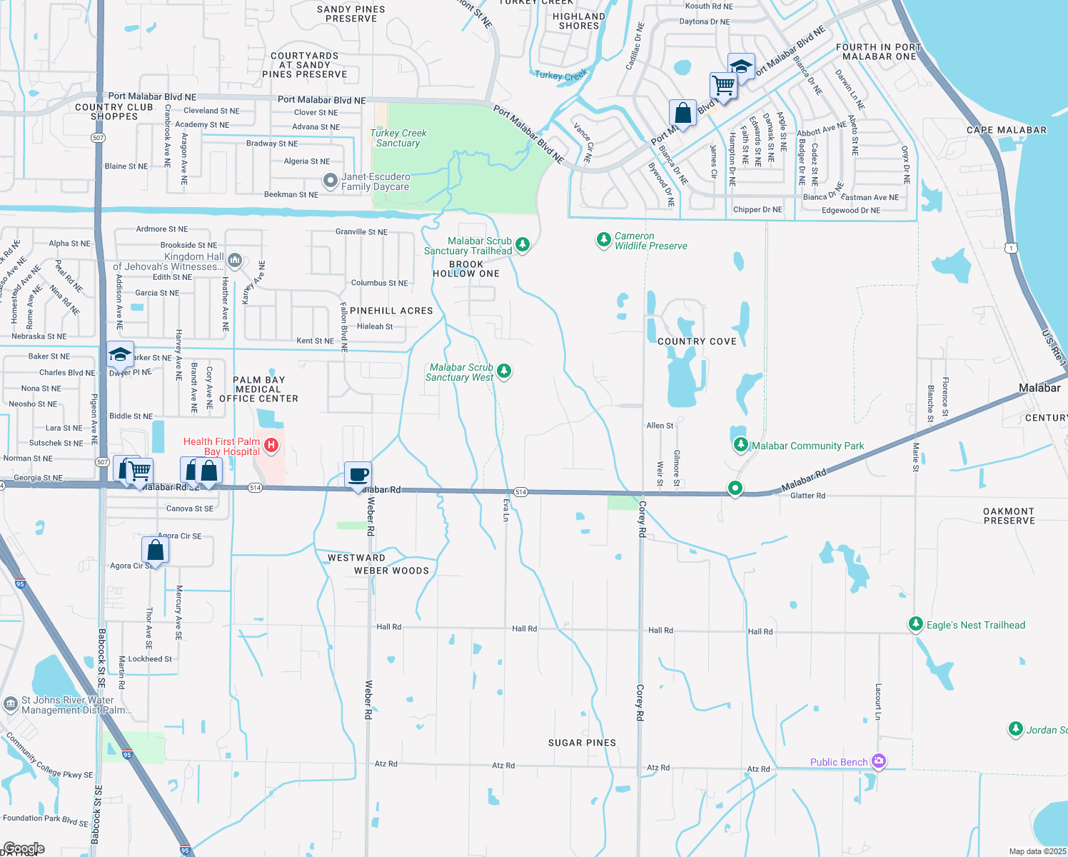 map of restaurants, bars, coffee shops, grocery stores, and more near 1364 Absaroka Lane in Malabar