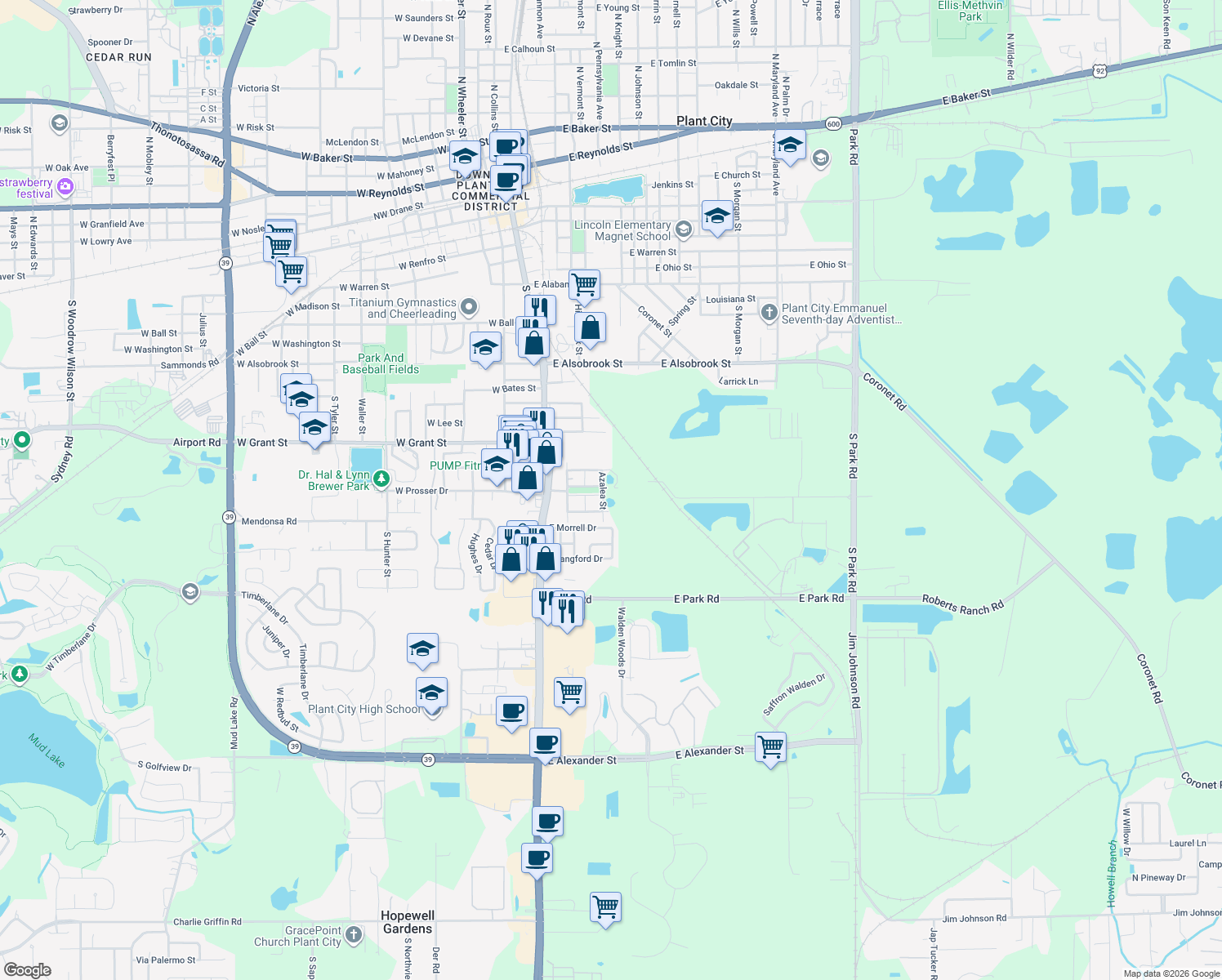 map of restaurants, bars, coffee shops, grocery stores, and more near 1502 Azalea Street in Plant City