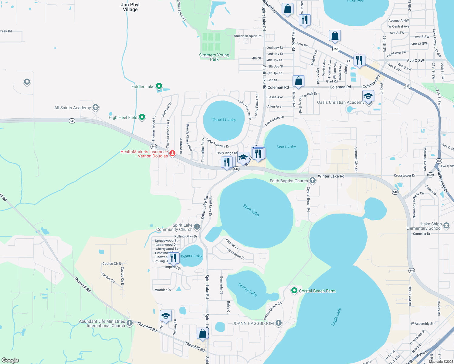 map of restaurants, bars, coffee shops, grocery stores, and more near 2024 Spirit Lake Road in Winter Haven