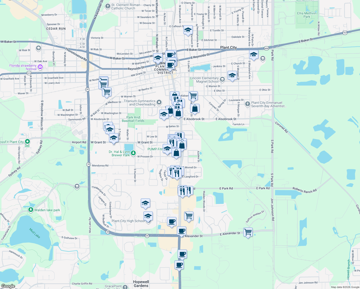 map of restaurants, bars, coffee shops, grocery stores, and more near 1309 South Collins Street in Plant City