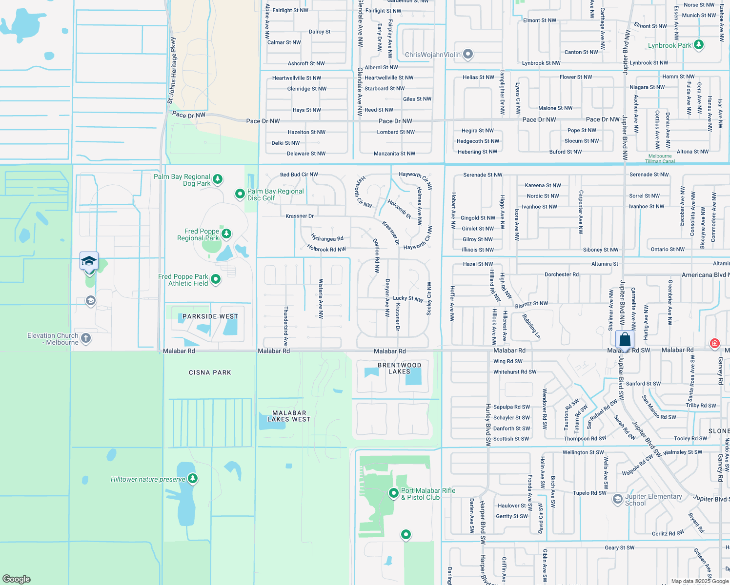 map of restaurants, bars, coffee shops, grocery stores, and more near 214 Gordon Road Northwest in Palm Bay