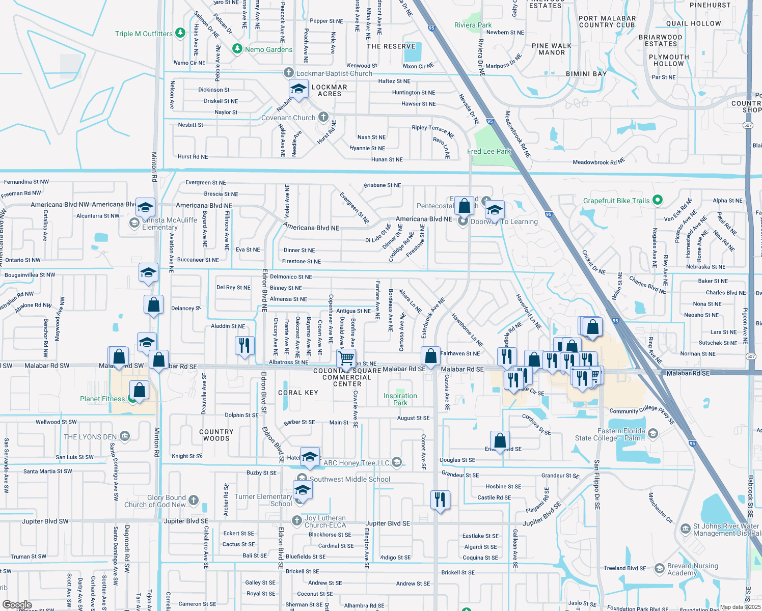 map of restaurants, bars, coffee shops, grocery stores, and more near 241 Fanfare Avenue Northeast in Palm Bay