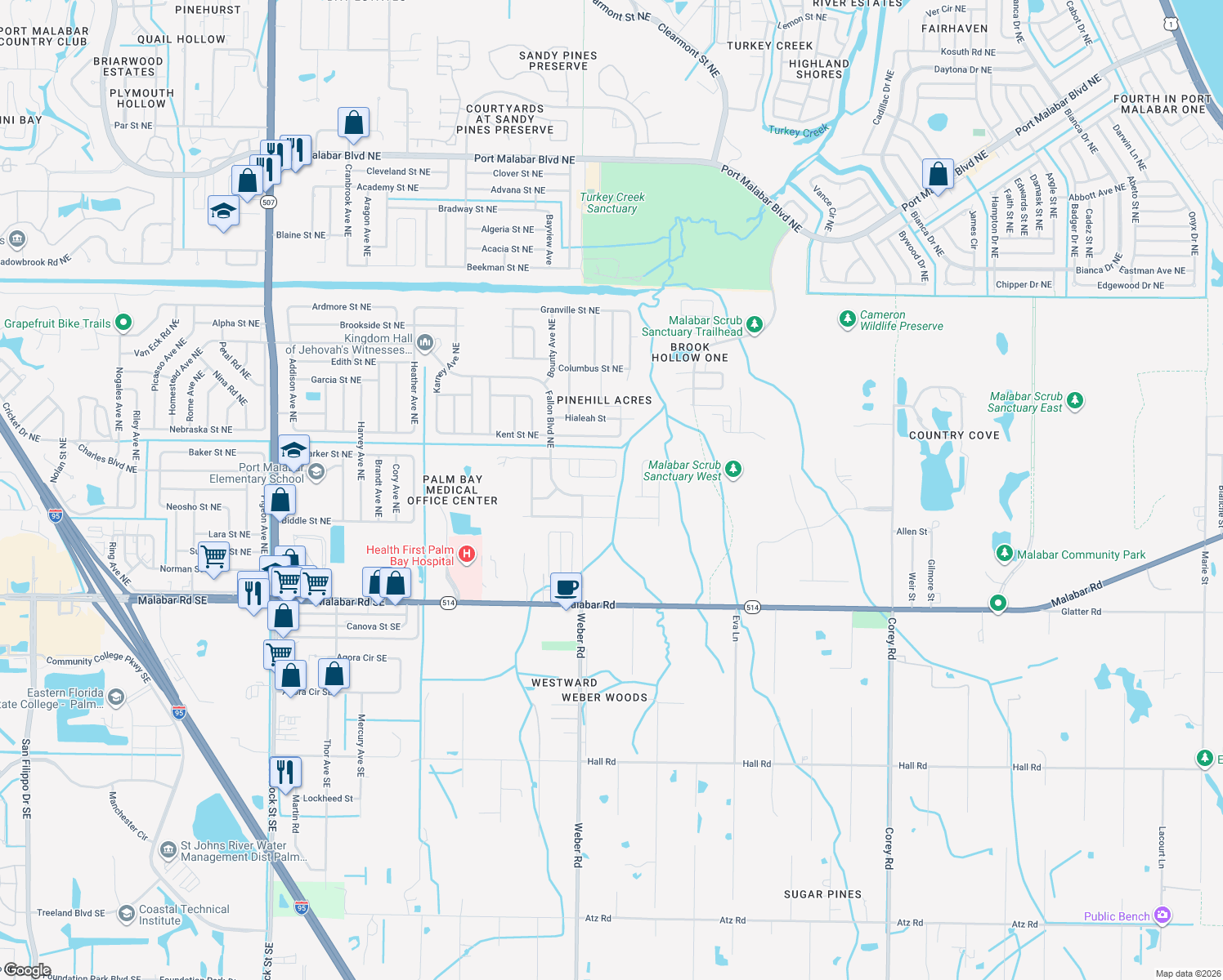 map of restaurants, bars, coffee shops, grocery stores, and more near 2469 Fallon Boulevard Northeast in Palm Bay