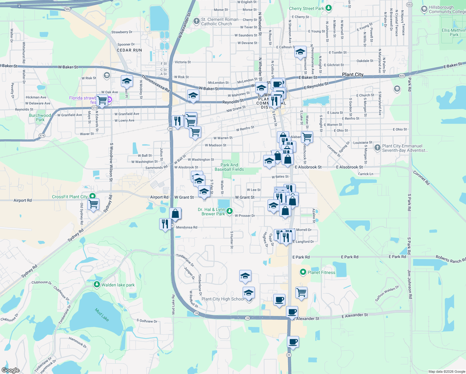 map of restaurants, bars, coffee shops, grocery stores, and more near 1209 Spanish Oak Lane in Plant City