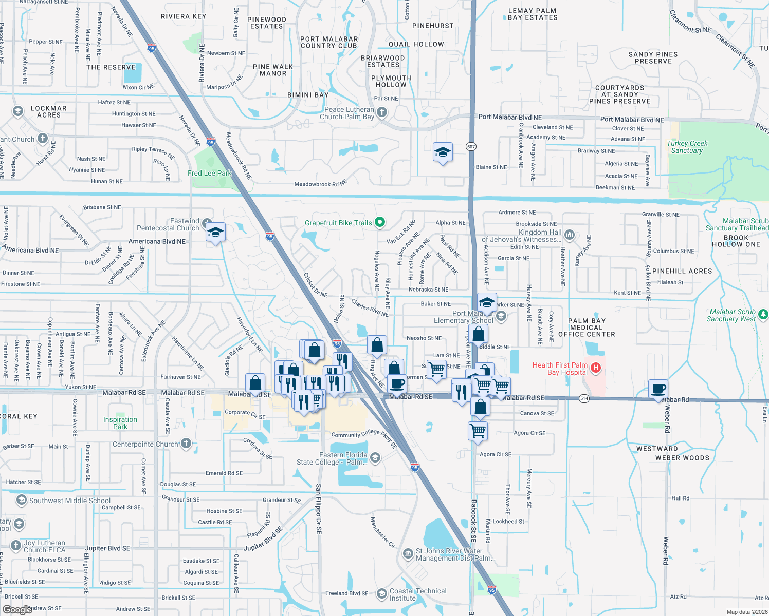 map of restaurants, bars, coffee shops, grocery stores, and more near 314 Riley Avenue Northeast in Palm Bay
