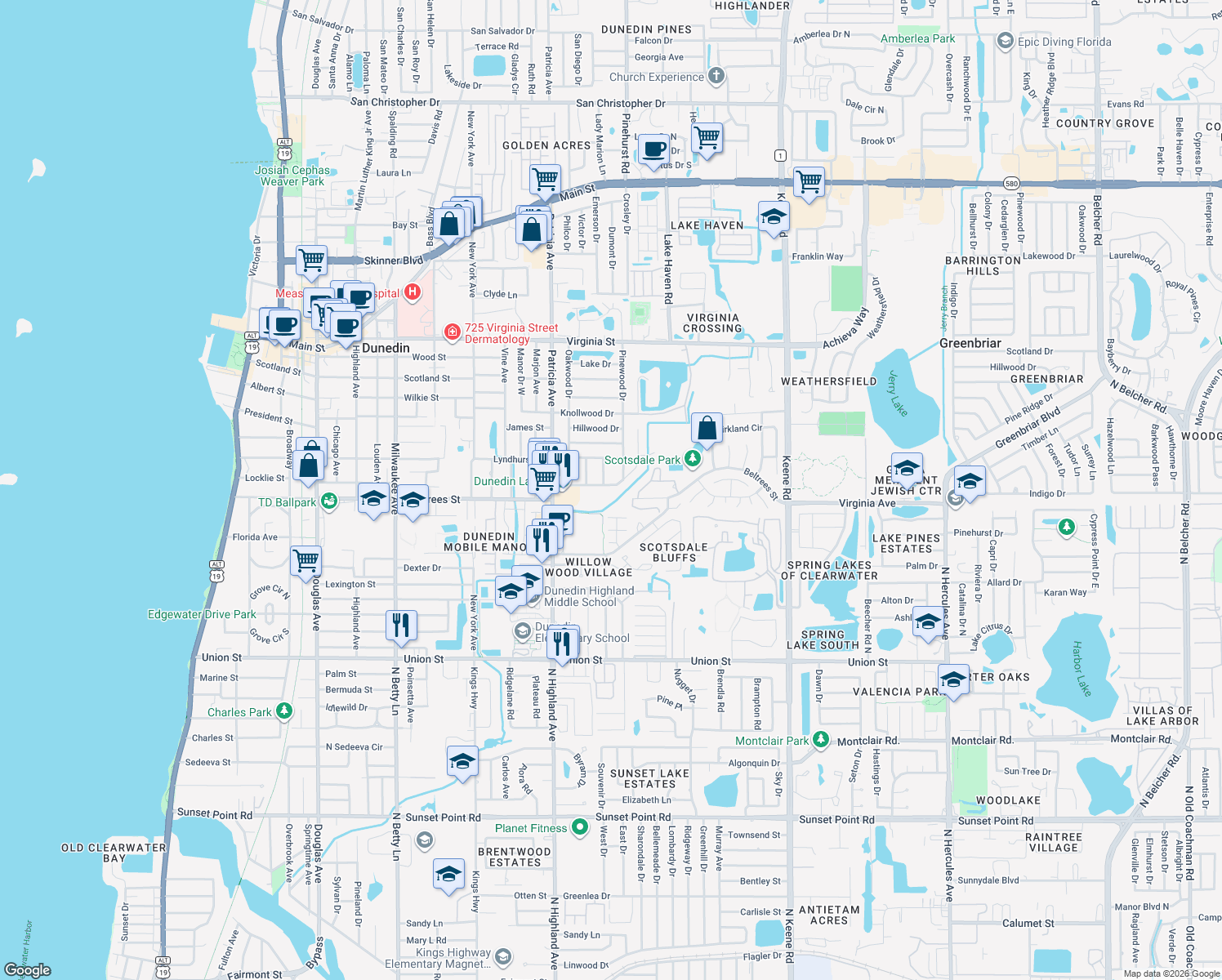 map of restaurants, bars, coffee shops, grocery stores, and more near 953 Cedarwood Avenue in Dunedin