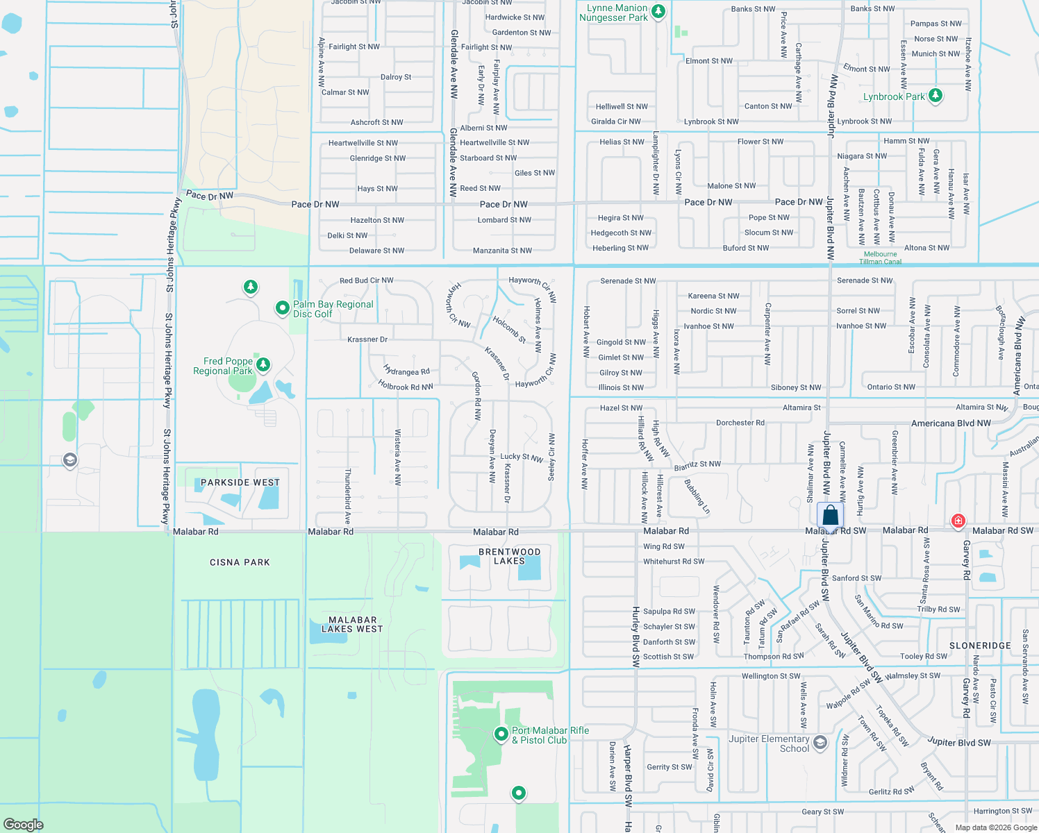 map of restaurants, bars, coffee shops, grocery stores, and more near 298 Dobbins Road Northwest in Palm Bay