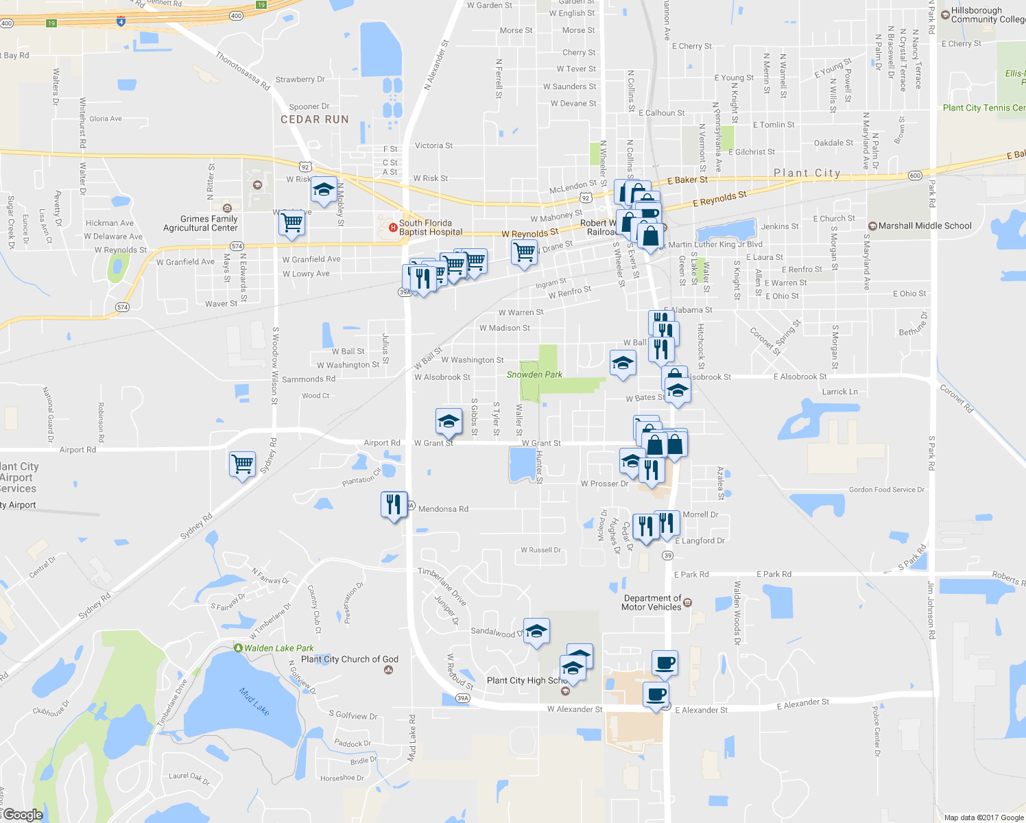 map of restaurants, bars, coffee shops, grocery stores, and more near 1203 Waller Street in Plant City