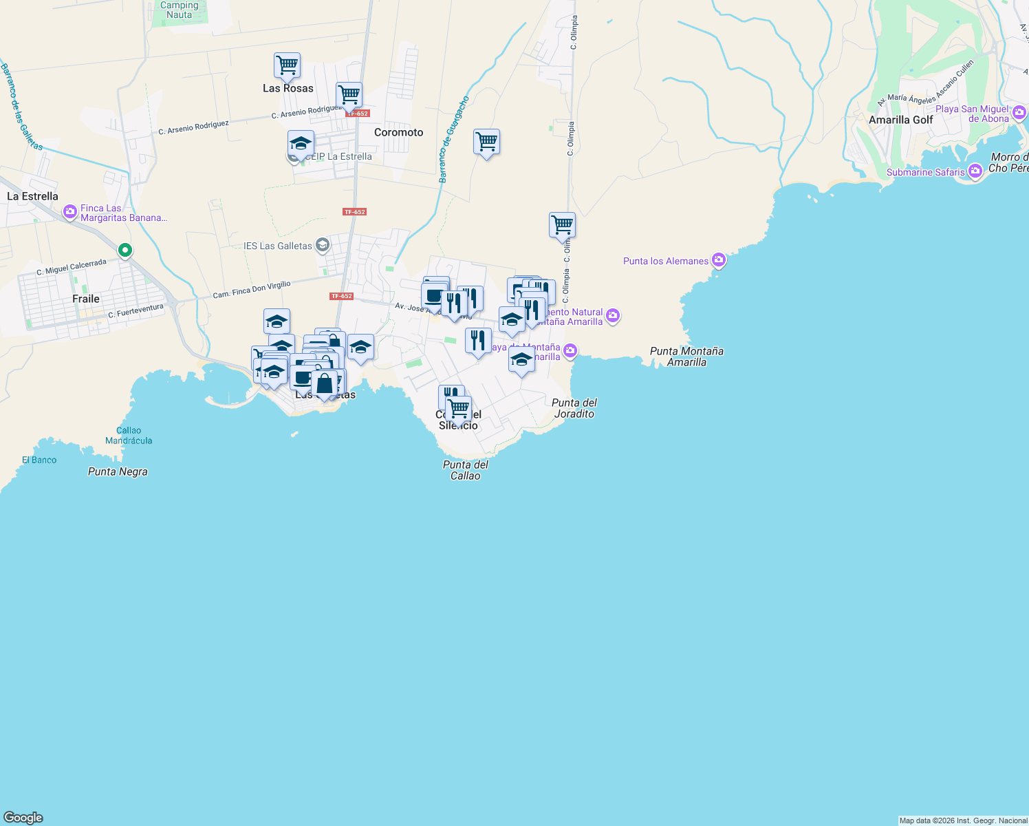 map of restaurants, bars, coffee shops, grocery stores, and more near 3 Calle Odisea in Arona
