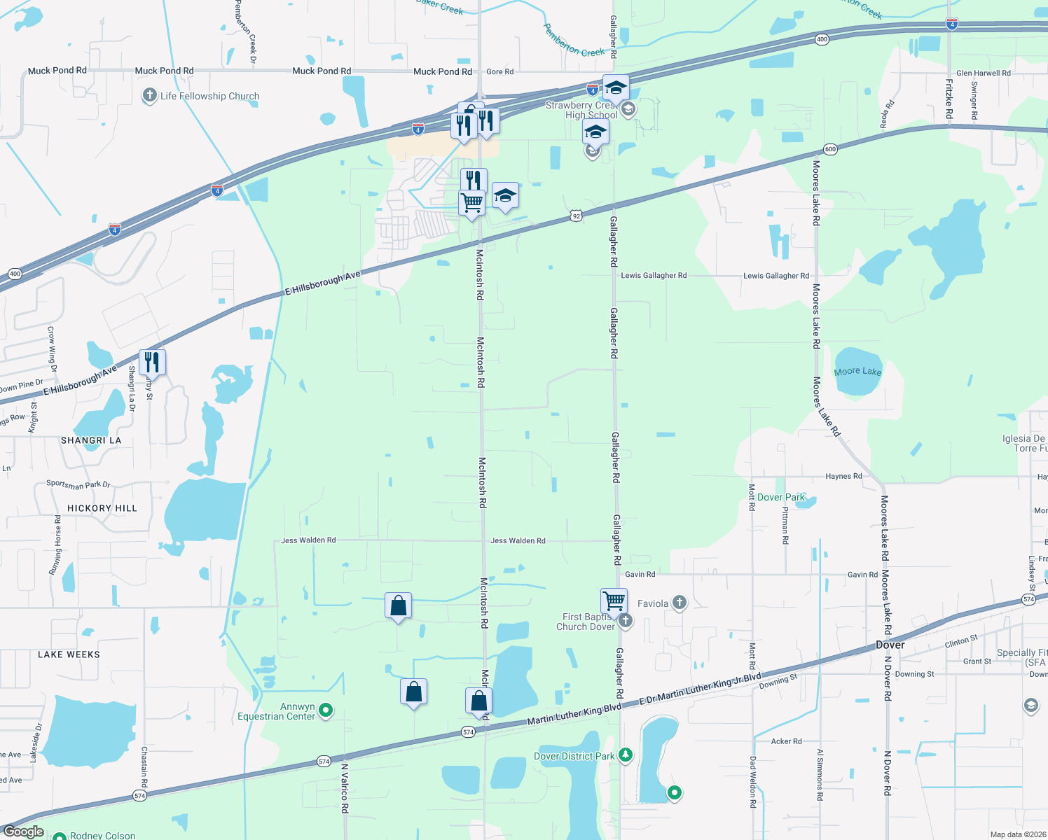 map of restaurants, bars, coffee shops, grocery stores, and more near 13015 Tom Gallagher Road in Dover