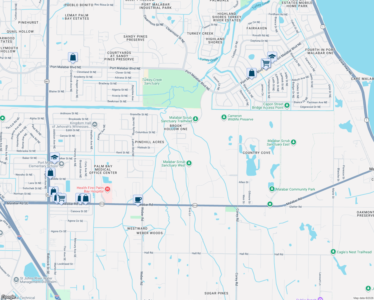 map of restaurants, bars, coffee shops, grocery stores, and more near 1310 Pemberton Trail in Malabar