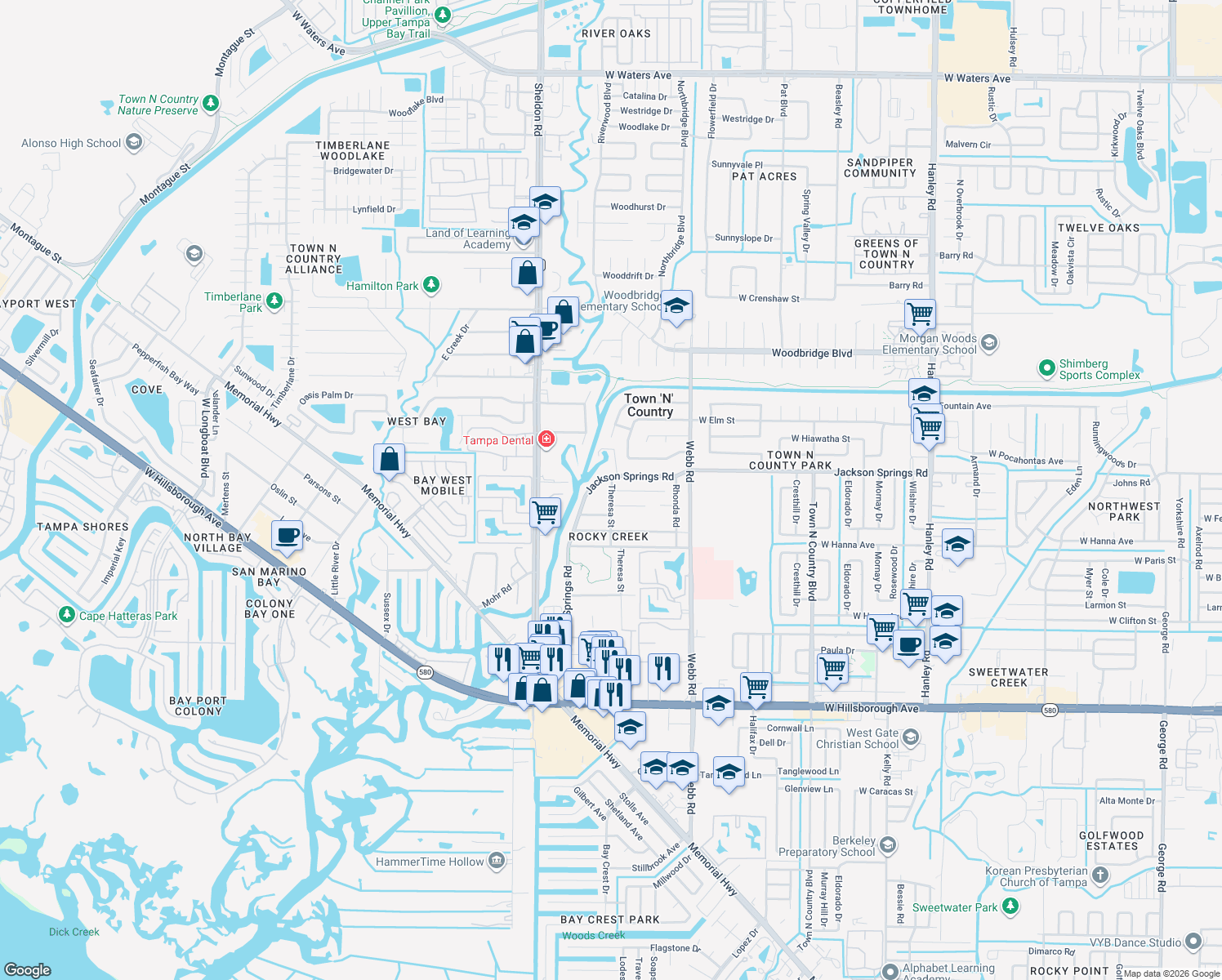 map of restaurants, bars, coffee shops, grocery stores, and more near 6412 Theresa Street in Tampa