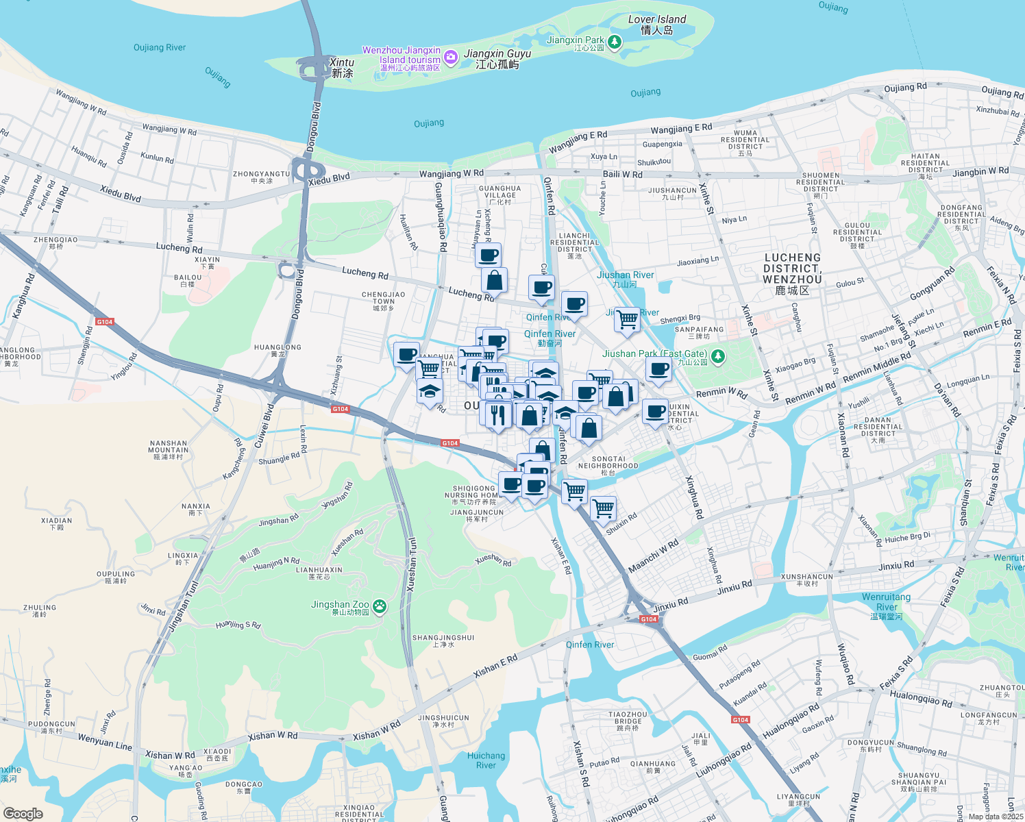 map of restaurants, bars, coffee shops, grocery stores, and more near in Wenzhou