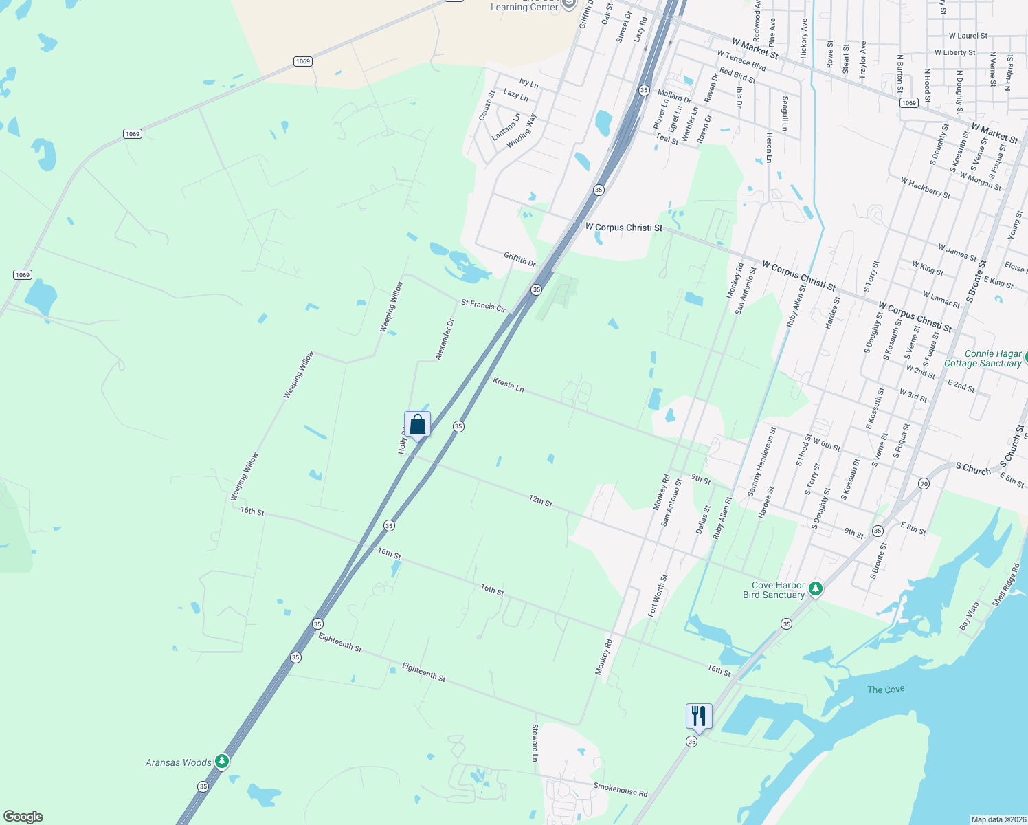 map of restaurants, bars, coffee shops, grocery stores, and more near 1601-1609 Kresta Lane in Rockport