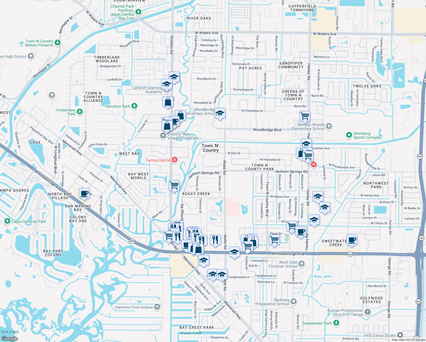 map of restaurants, bars, coffee shops, grocery stores, and more near 8313 Jackson Springs Road in Tampa