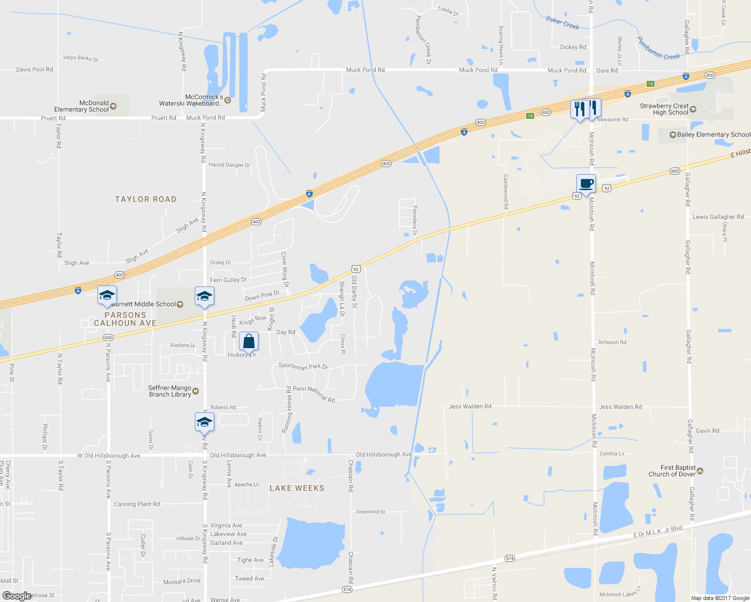 map of restaurants, bars, coffee shops, grocery stores, and more near 848 John Cressler Drive in Seffner