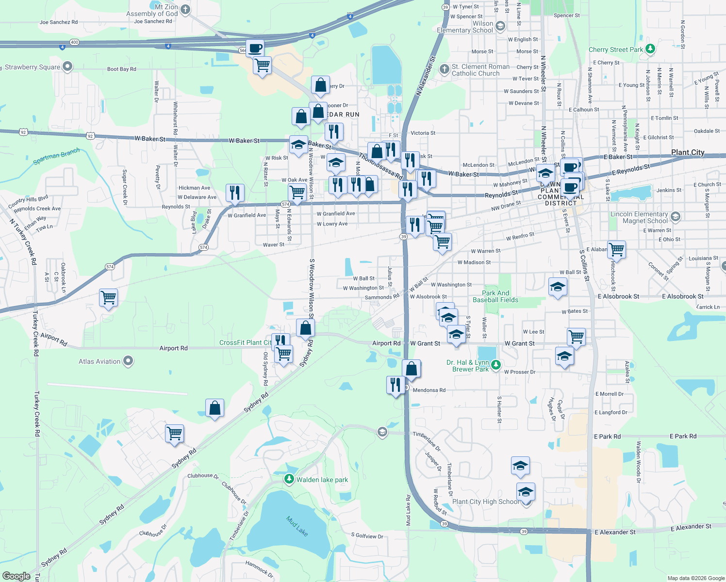 map of restaurants, bars, coffee shops, grocery stores, and more near 1803 West Washington Street in Plant City