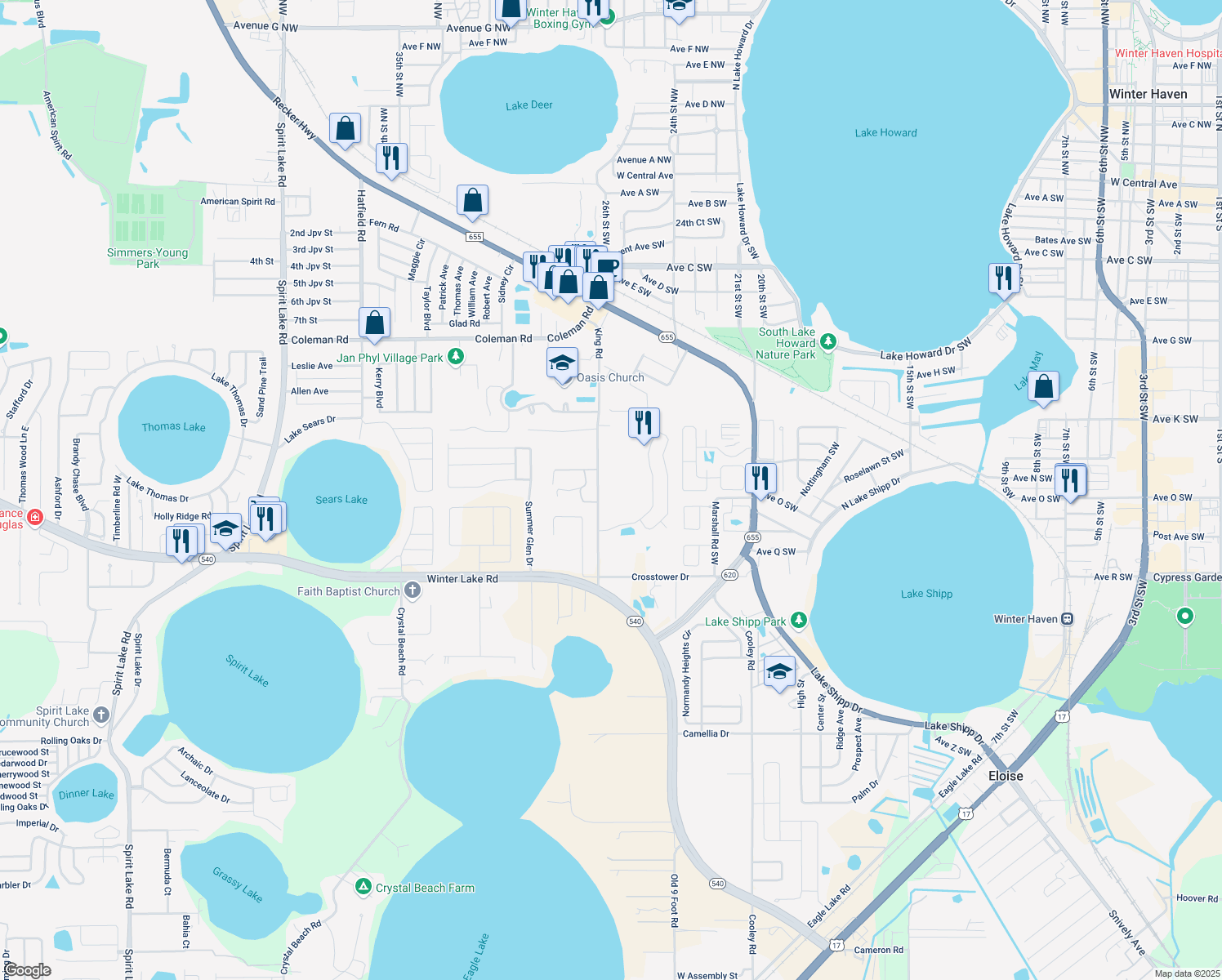 map of restaurants, bars, coffee shops, grocery stores, and more near 226 King Road Southwest in Winter Haven