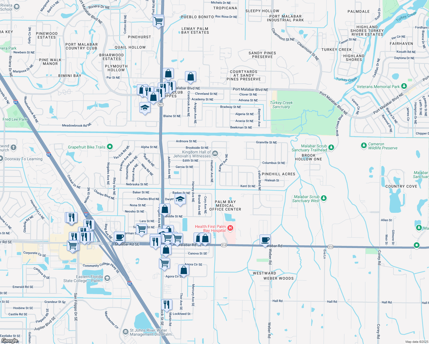 map of restaurants, bars, coffee shops, grocery stores, and more near 453 Heather Avenue Northeast in Palm Bay