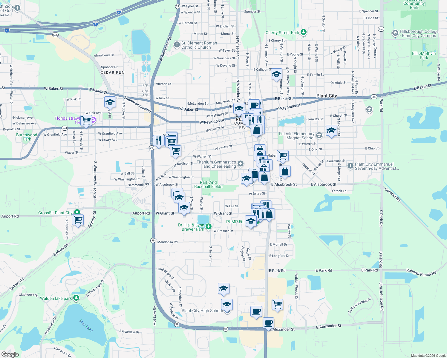 map of restaurants, bars, coffee shops, grocery stores, and more near 806 South Franklin Street in Plant City