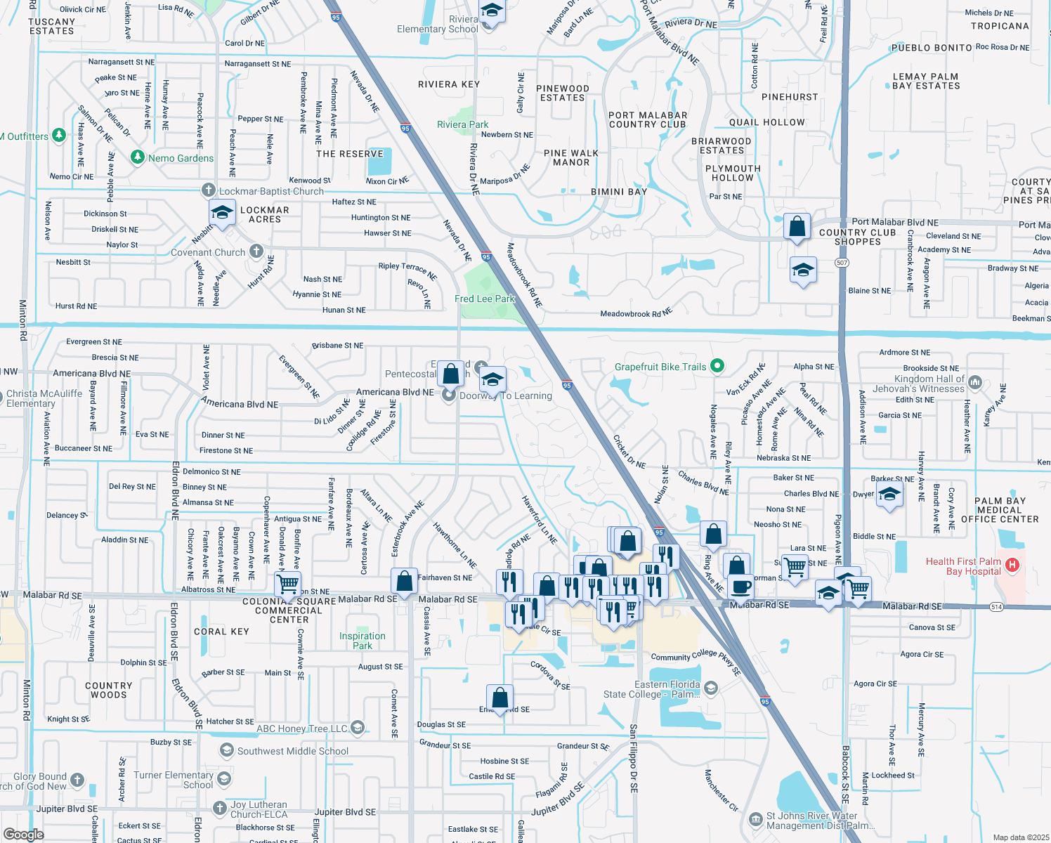 map of restaurants, bars, coffee shops, grocery stores, and more near 388 Holiday Park Boulevard Northeast in Palm Bay