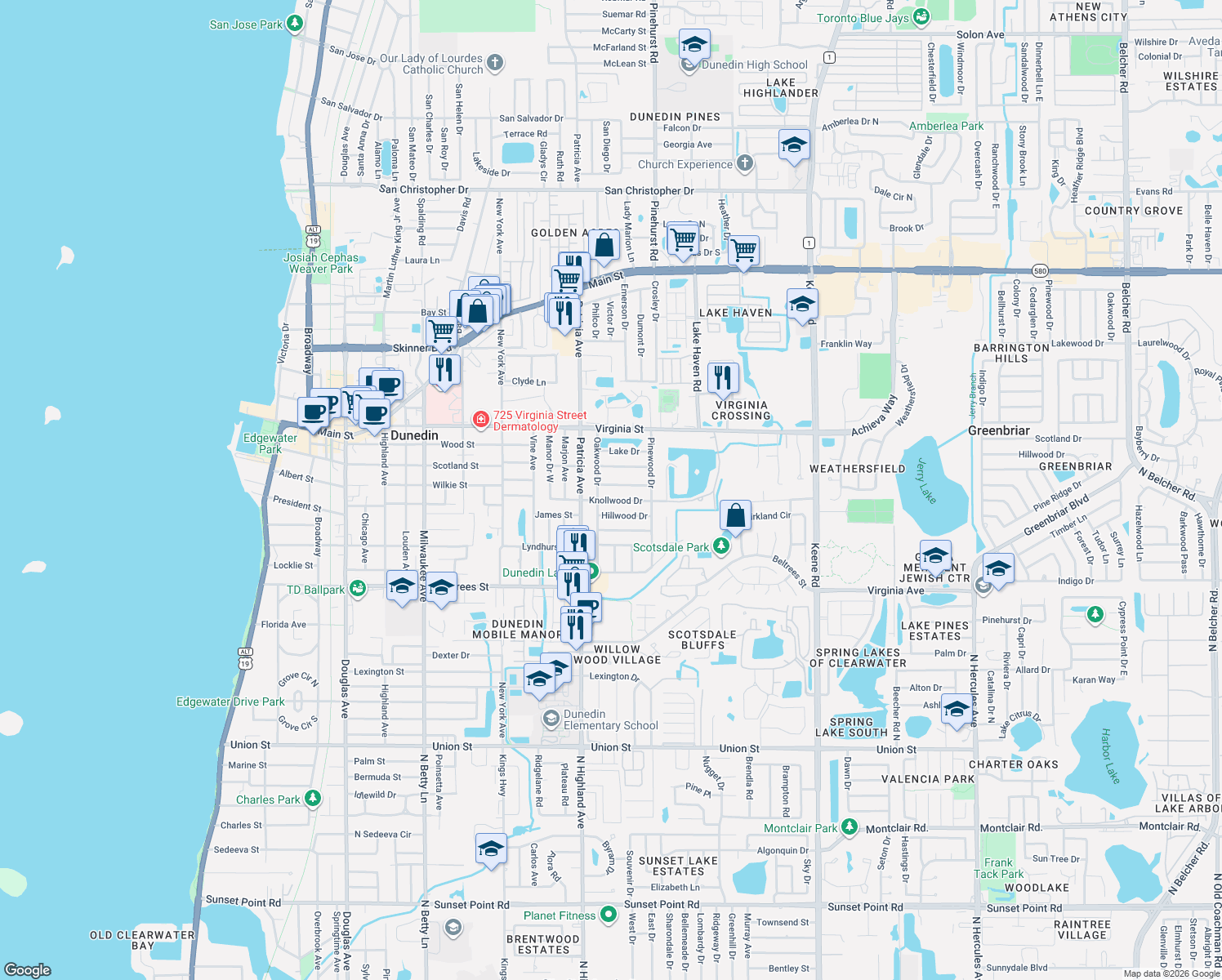 map of restaurants, bars, coffee shops, grocery stores, and more near 927 Parkwood Drive in Dunedin