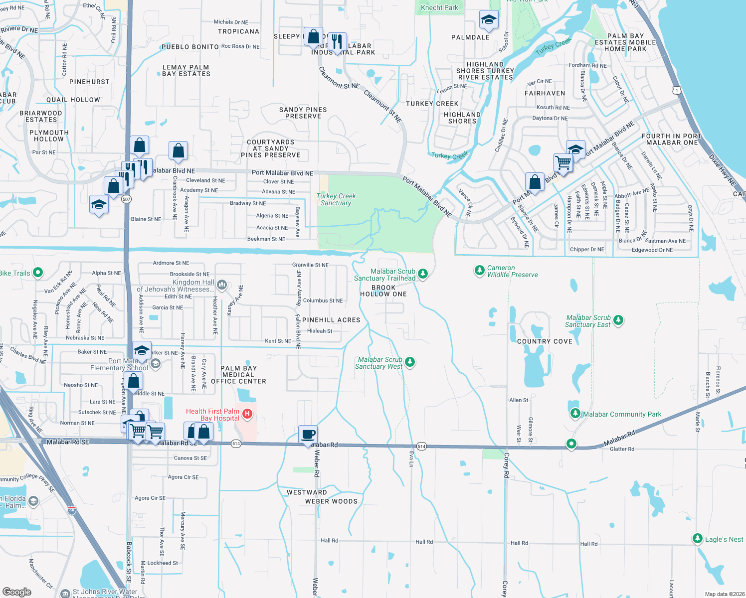 map of restaurants, bars, coffee shops, grocery stores, and more near 930 Holloway Trail in Malabar