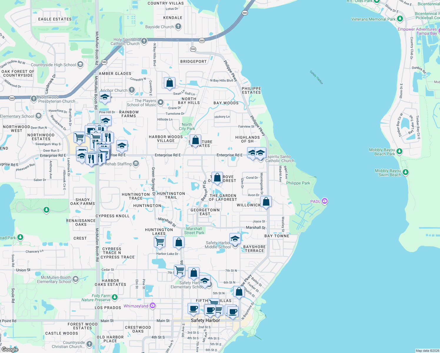 map of restaurants, bars, coffee shops, grocery stores, and more near 1709 La Forest Avenue in Safety Harbor